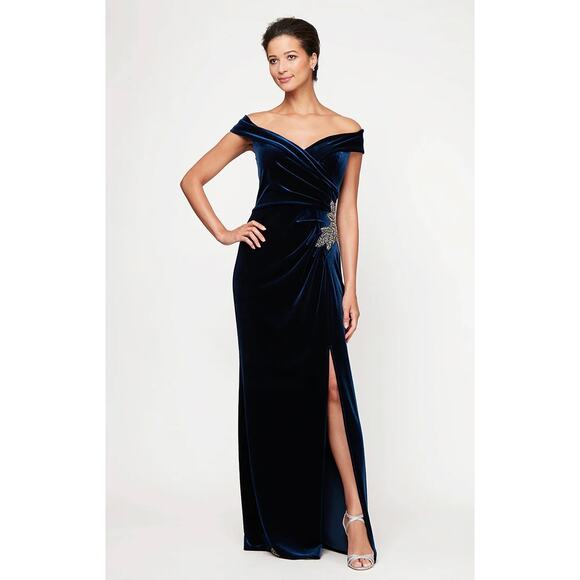 Alex Evenings Off the Shoulder Velvet Gown Sweetheart Neckline Imperial Blue 10 - Picture 1 of 13